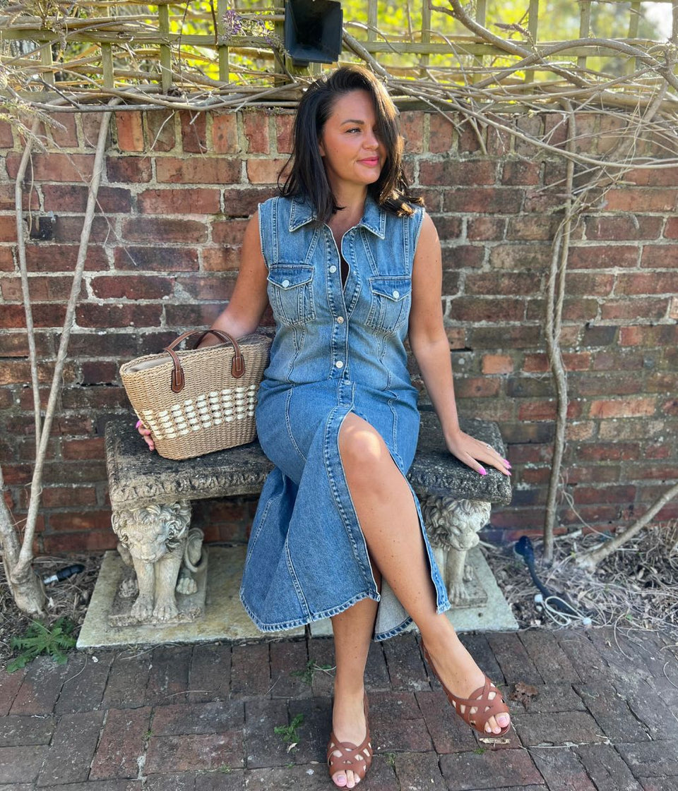 Sleeveless Denim Button Through Midi Dress