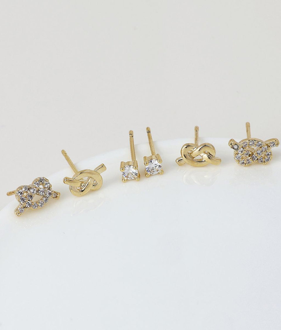 Golden Knots & Crystal Triple Studs Earring Set