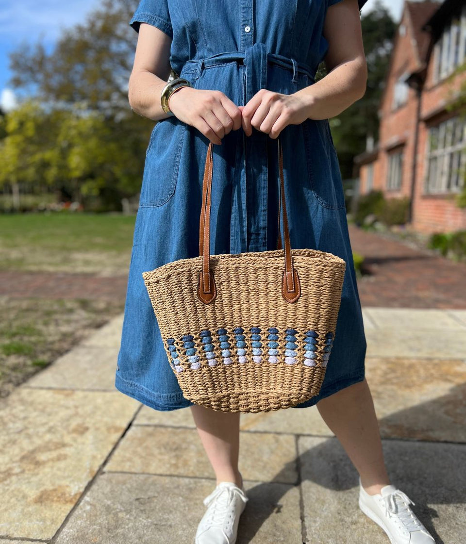 Natural Raffia Blue Weave Shopper Bag