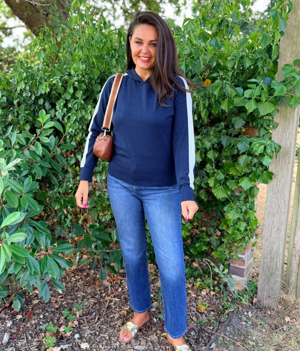 Navy Striped Sleeve Hooded Jumper