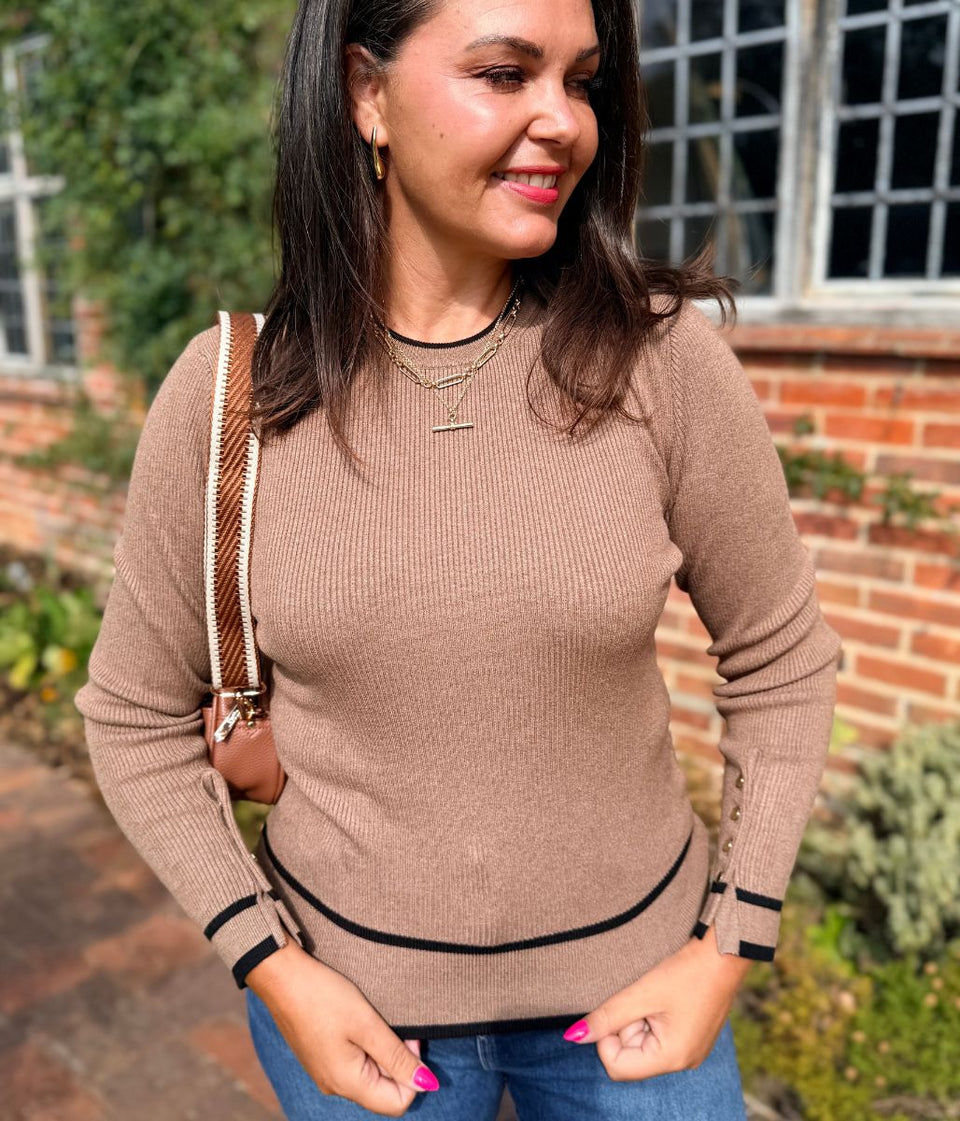 Hazelnut Ribbed Tipped Detail Crew Neck Jumper