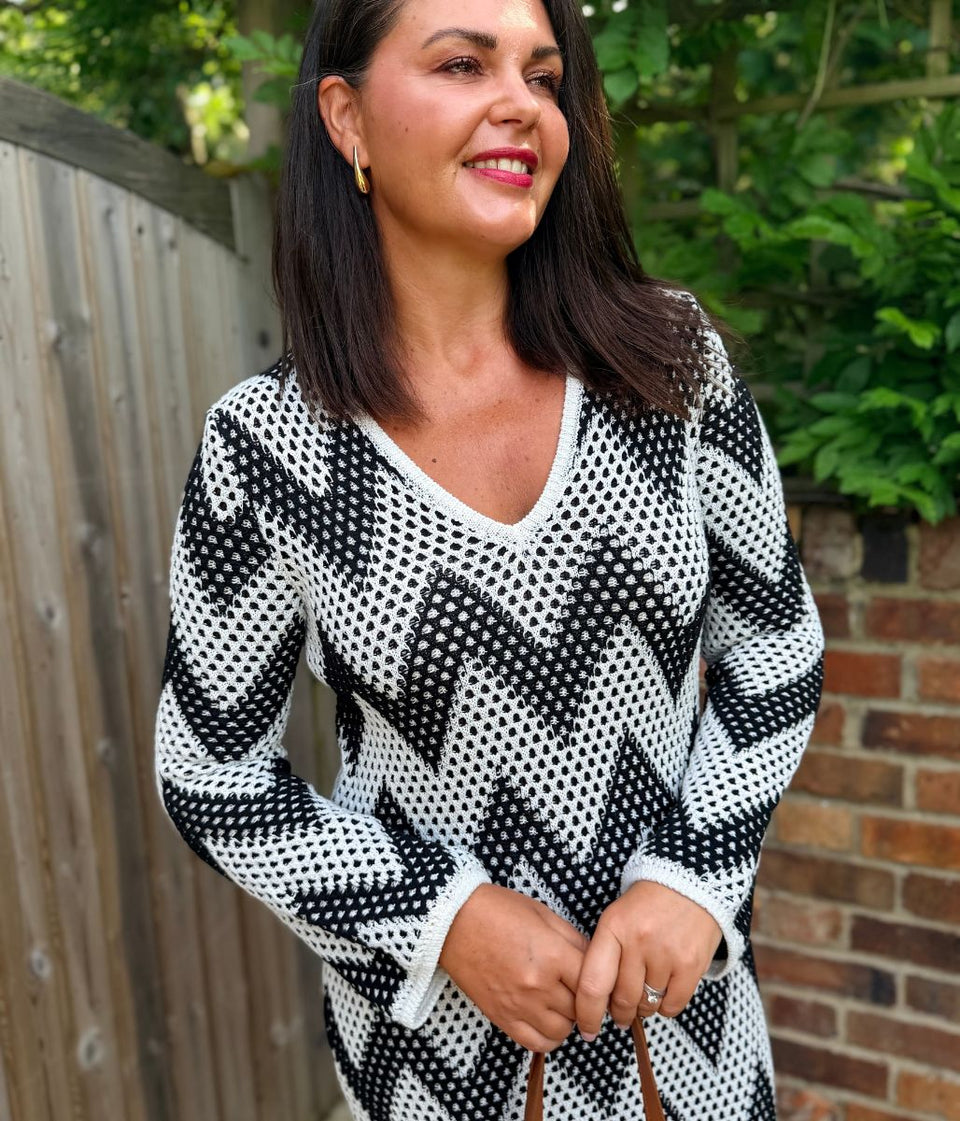 Monochrome Zig Zag Crochet Style Dress