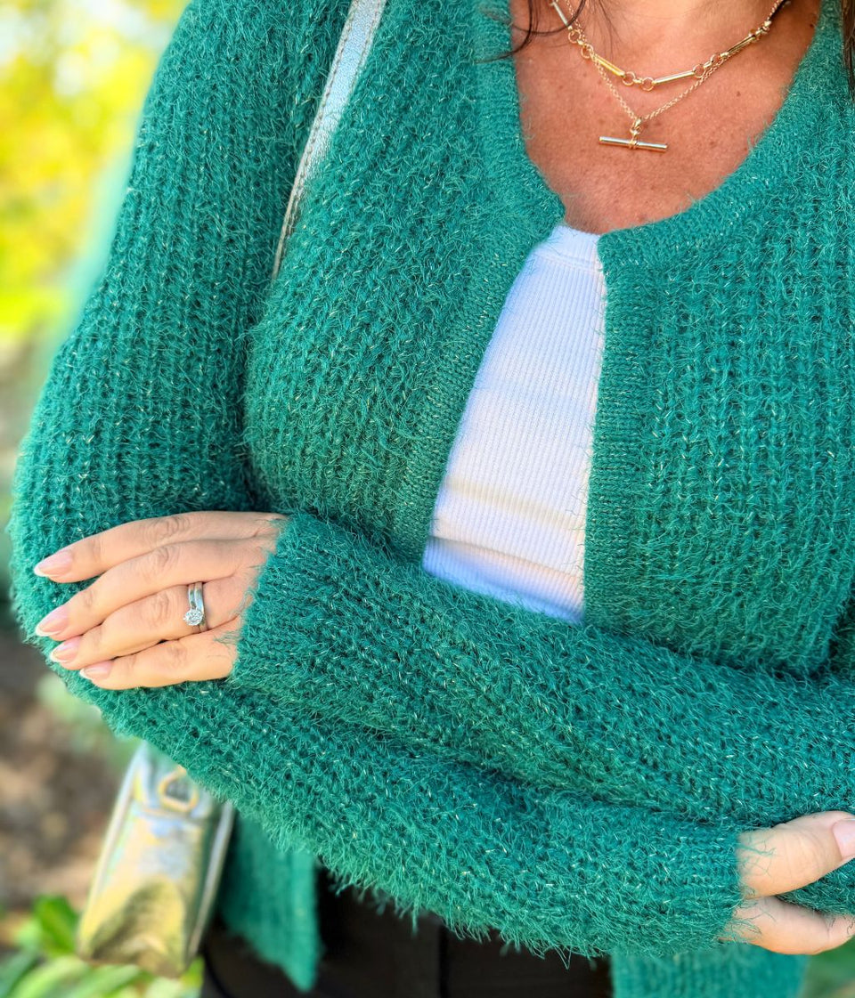 Green Sparkle Knit Open Cardigan