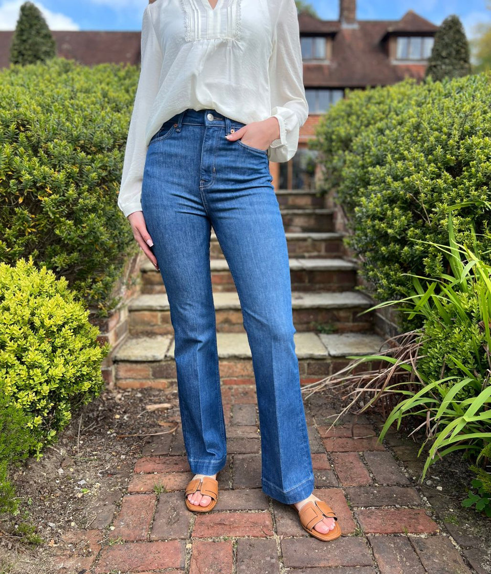 Mid Denim Crease Front Slim Flare Jeans