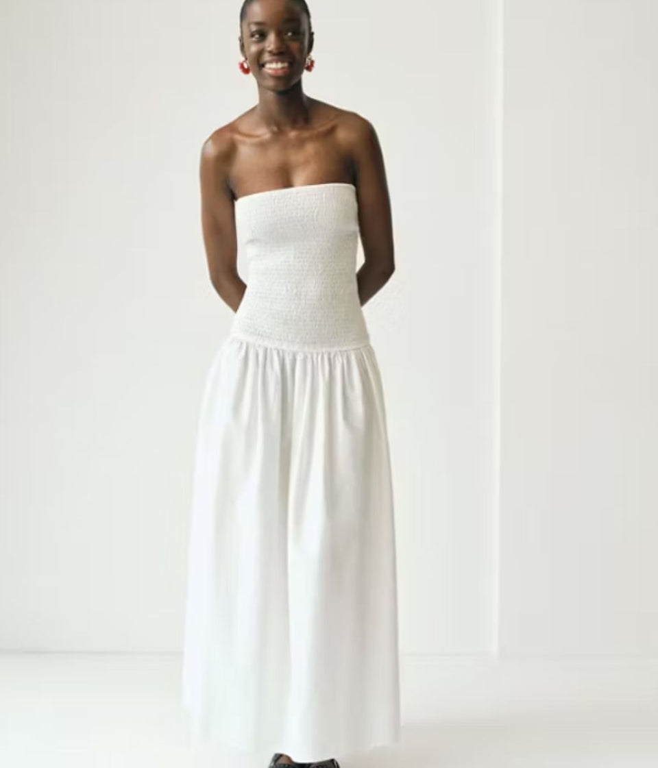 White Strapless Shirred Maxi Dress
