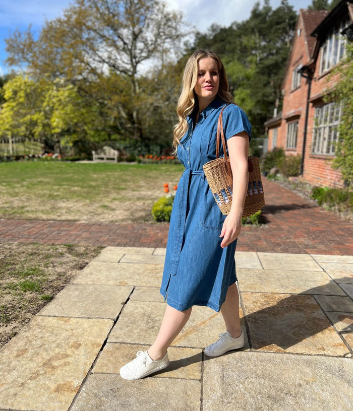 sosandar denim midi dress Soft Blue Denim Midi Dress With Pockets