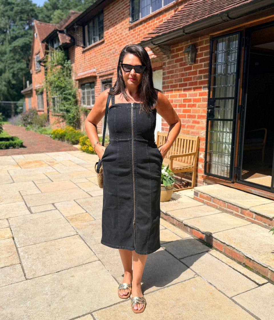 Black Denim Zip Through Midi Dress
