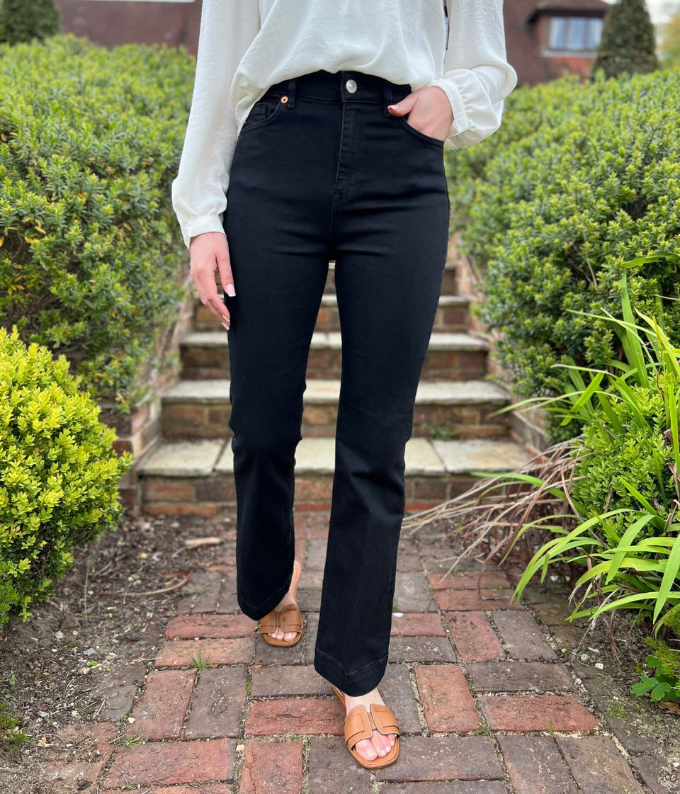 Black Denim Crease Front Slim Flare Jeans