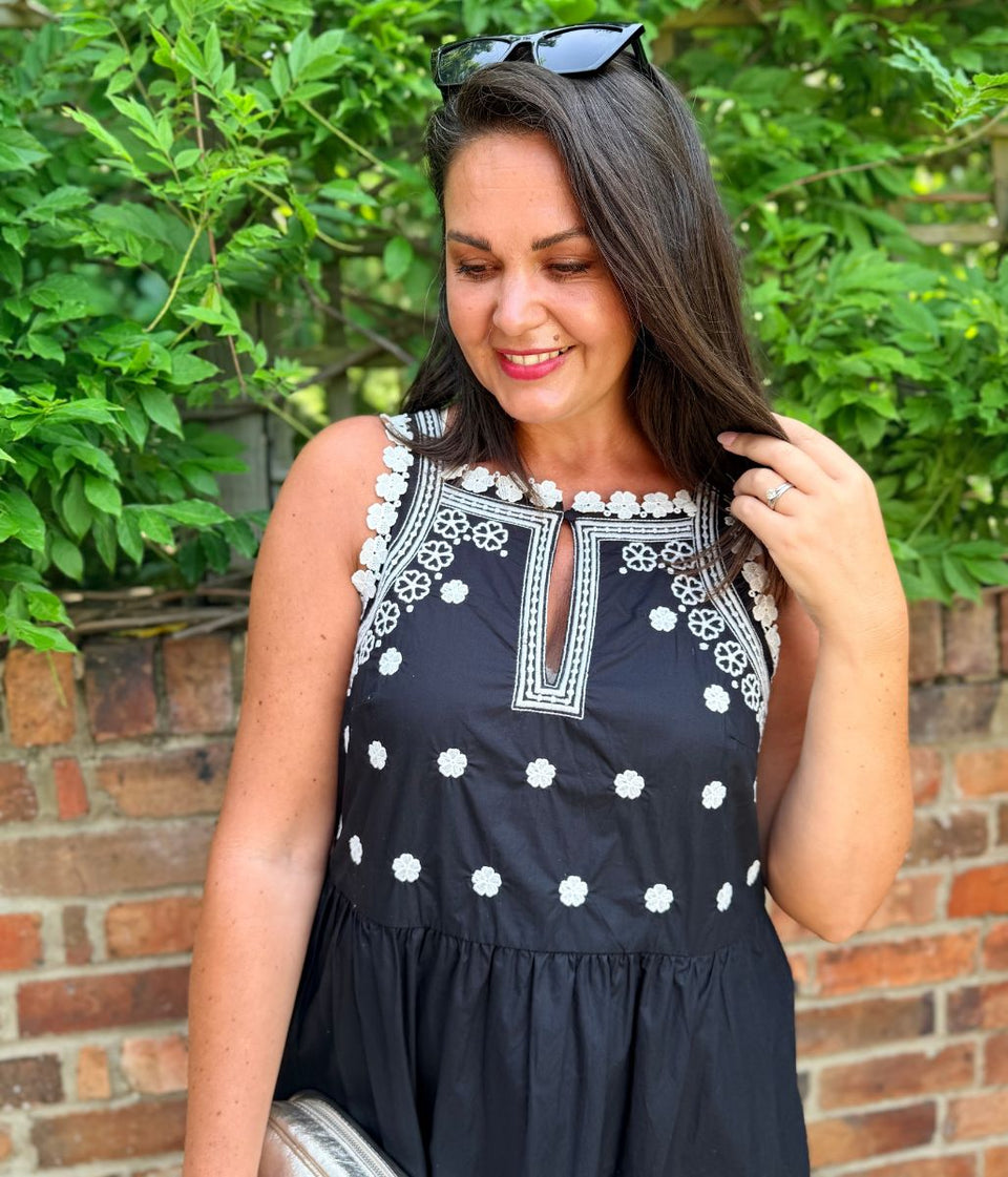 Black Devin Poplin Embroidered Midi Dress