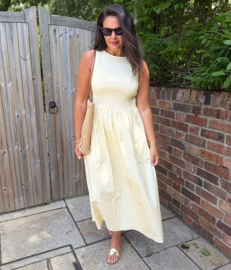 Yellow Cotton Poplin Shirred Dress