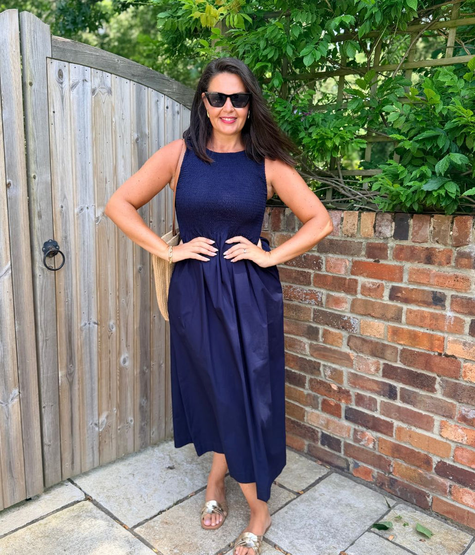 Navy Cotton Poplin Shirred Dress