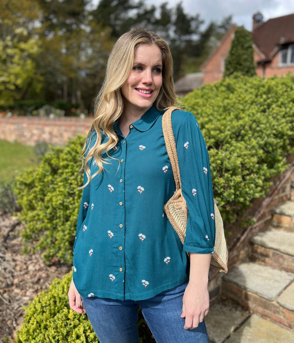 Brakeburn Teal Floral Print Blouse