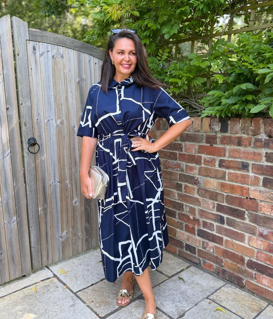 Navy Graphic Midi Shirt Dress