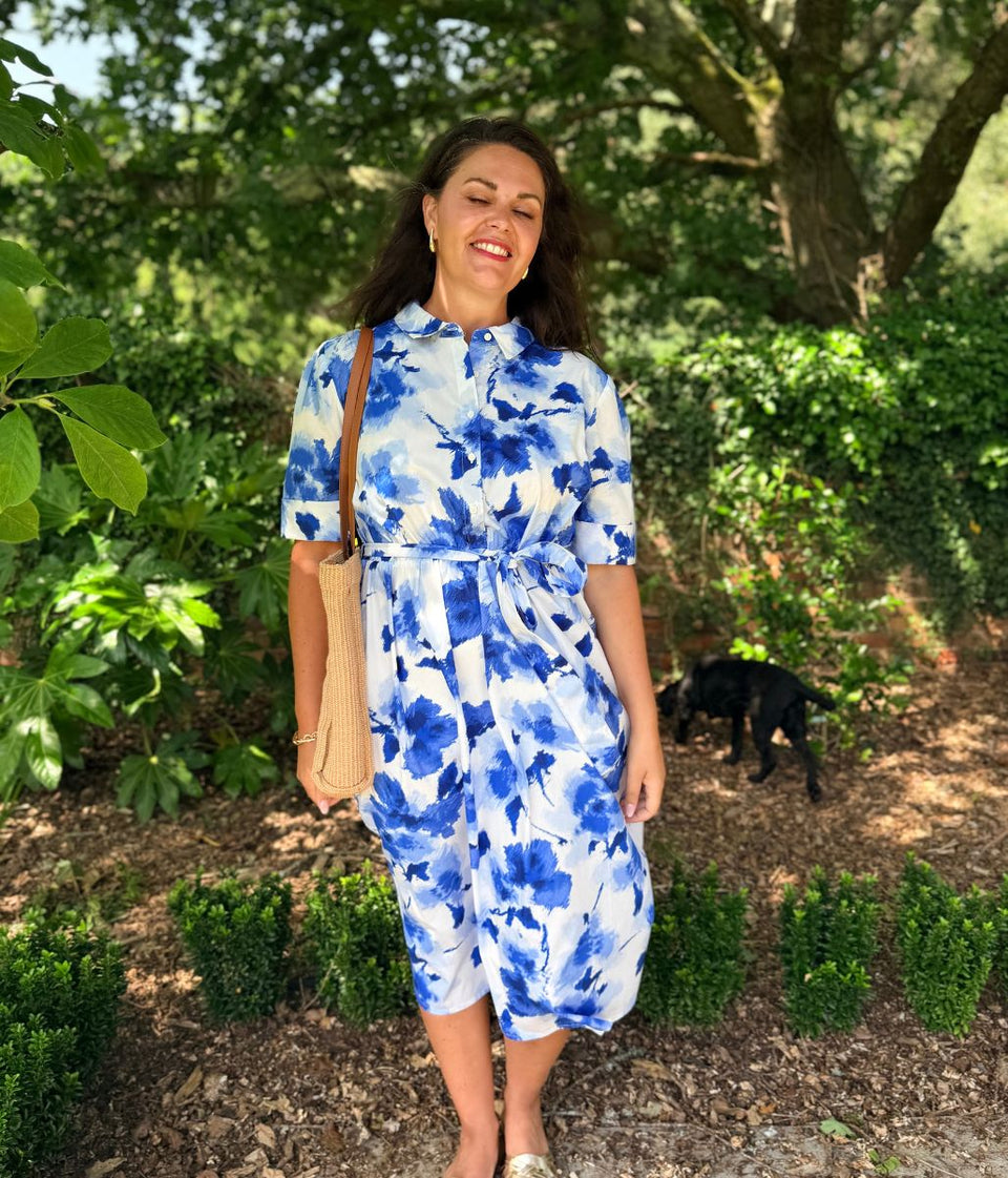 Blue Floral Midi Shirt Dress