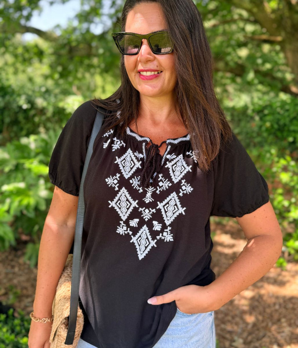 Black & White Embroidered Tassel Tie Top