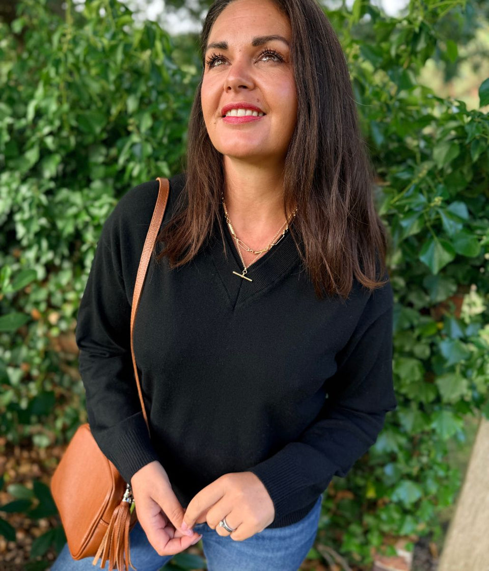 Women's Black Double V Neck Air Yarn Jumper