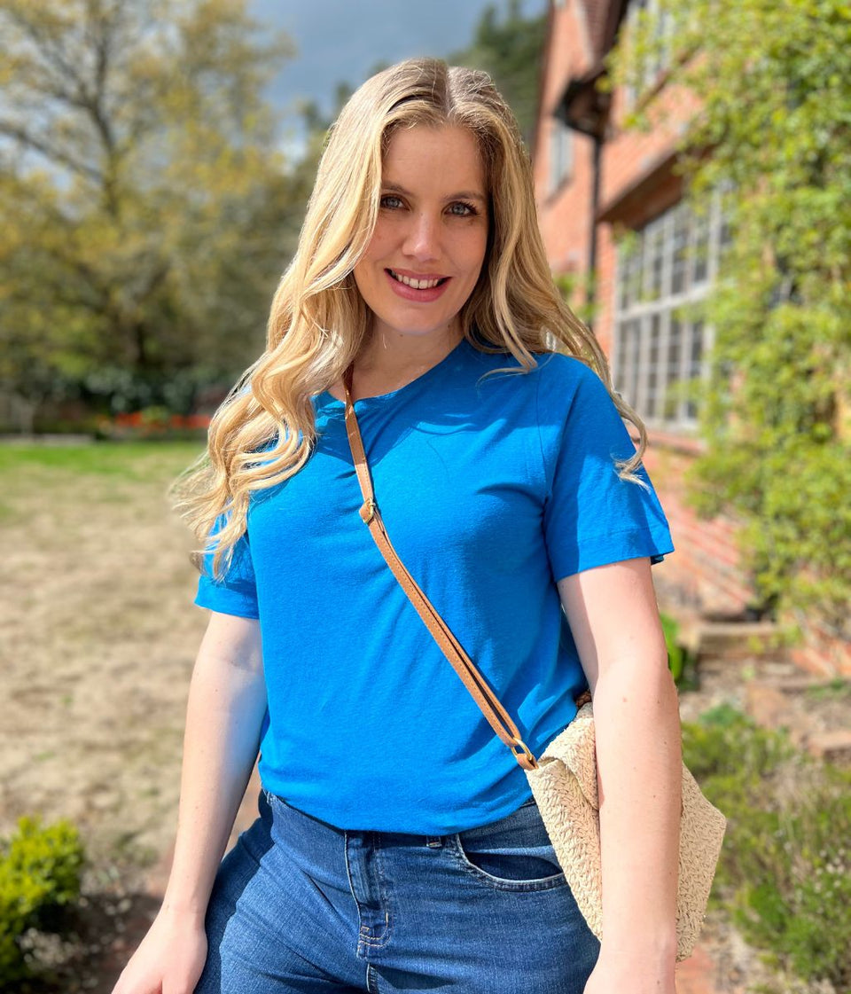 Bright Blue Linen Blend Crew Neck Top