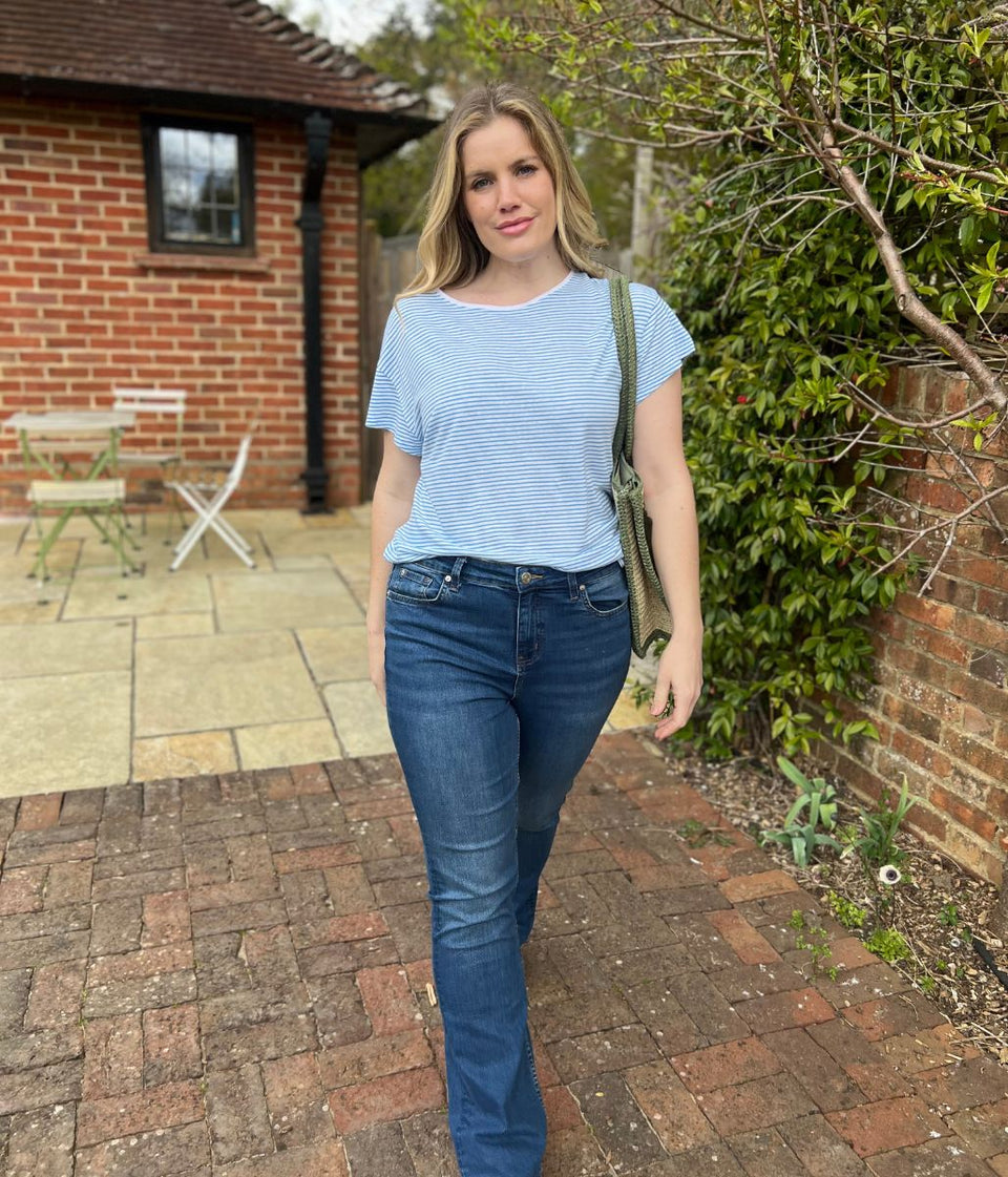 Blue Striped Linen Blend Crew Neck Top