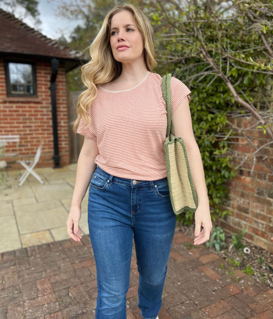 Orange Striped Linen Blend Crew Neck Top