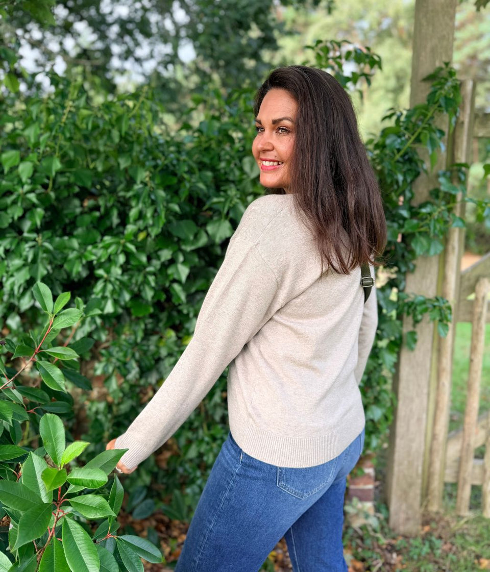 Women's Beige Double V Neck Air Yarn Jumper