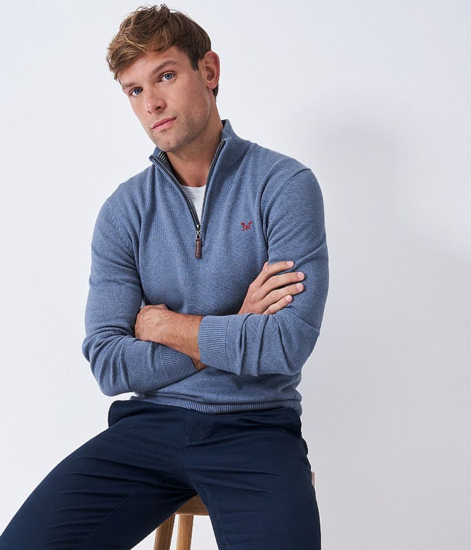 Blue Mens Cotton Half Zip Jumper