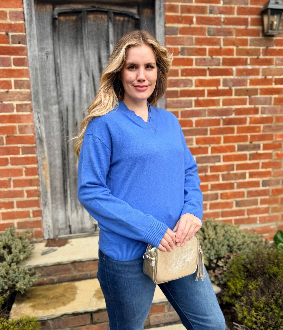 Women's Blue Double V Neck Air Yarn Jumper
