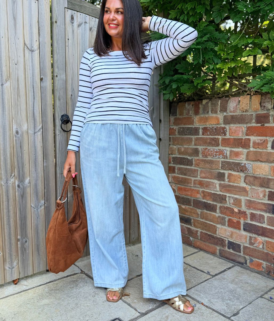 Light Blue Cotton Rich Drawstring Wide Leg Trousers