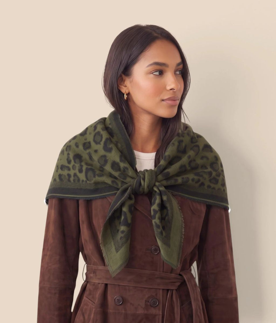 Khaki Leopard Print Triangle Wool Blend Scarf