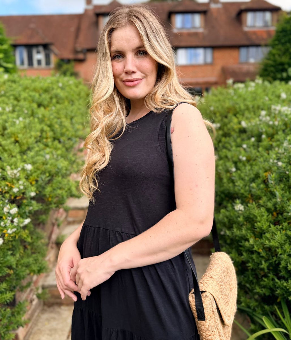 Black Sleeveless Cotton Slub Jersey Tiered Midi Dress