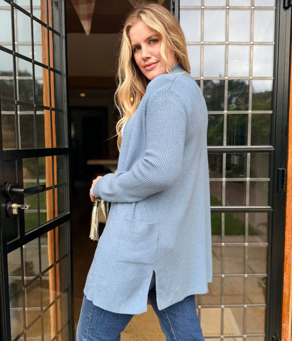 Grey Blue Ribbed Edge to Edge Longline Cardigan