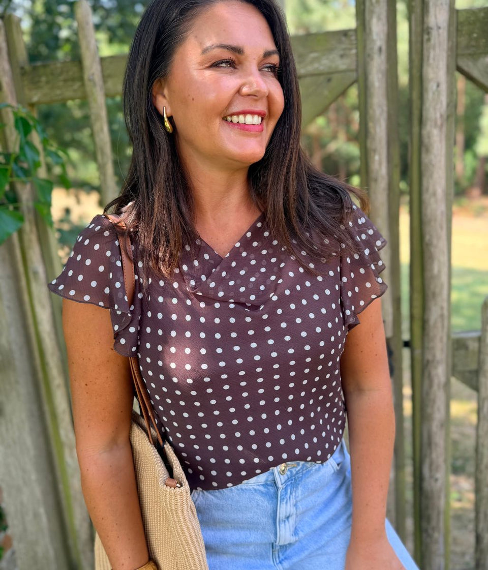 Brown Polka Dot Cowl Neck Frill Sleeve Top
