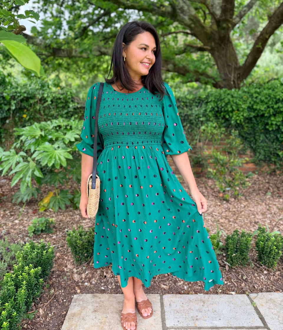 Green Rainbow Polka Gretal Shirred Midi Dress