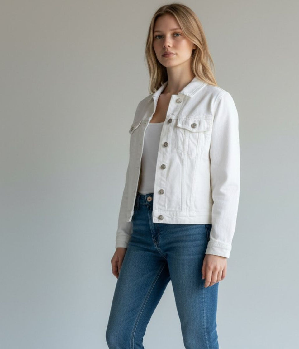 White Denim Fitted Cropped Trucker Jacket