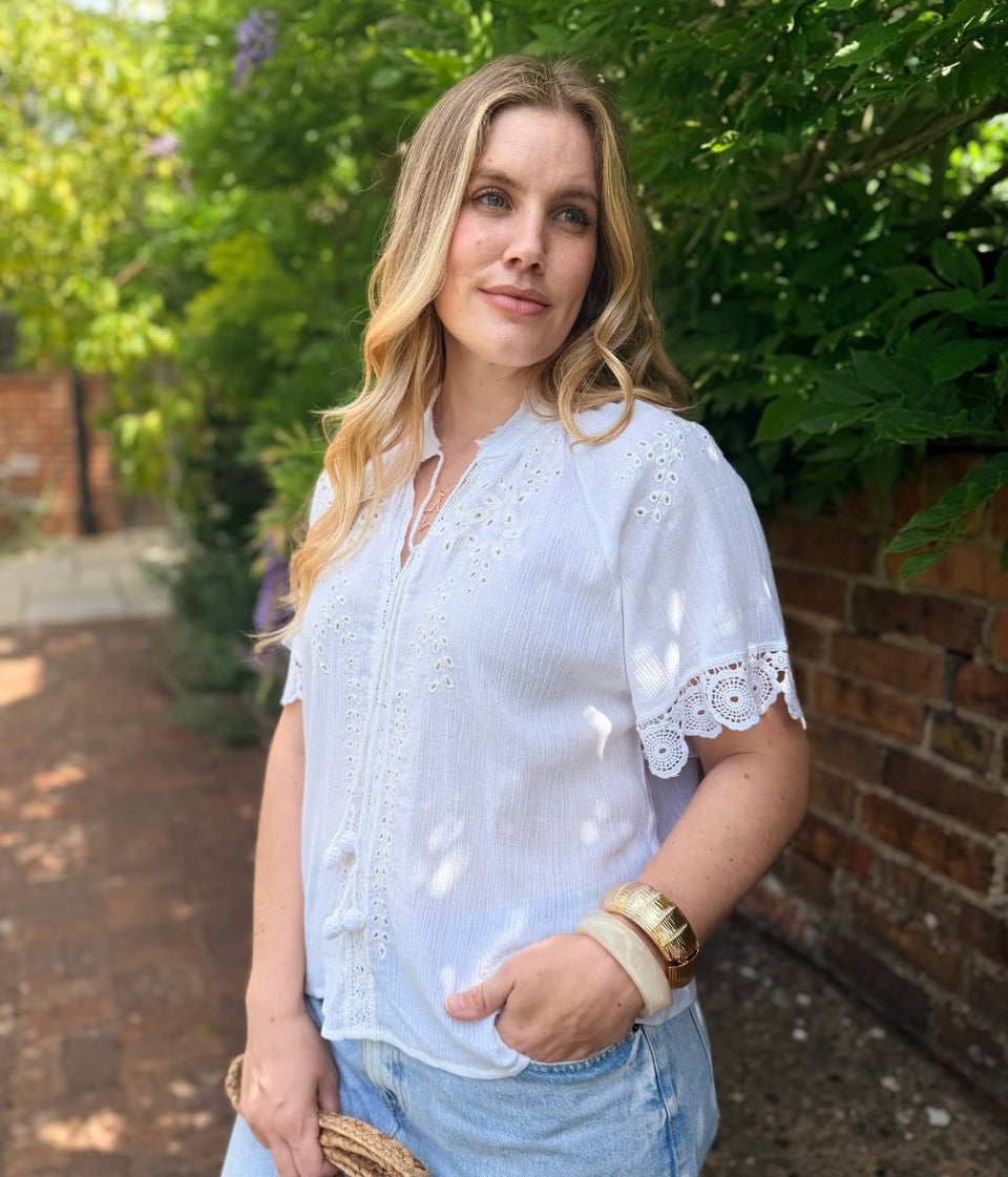 White Embroidered Tassel Top