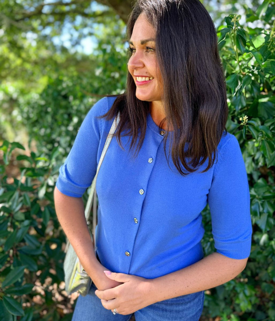 Blue Air Yarn Half Sleeve Cardigan
