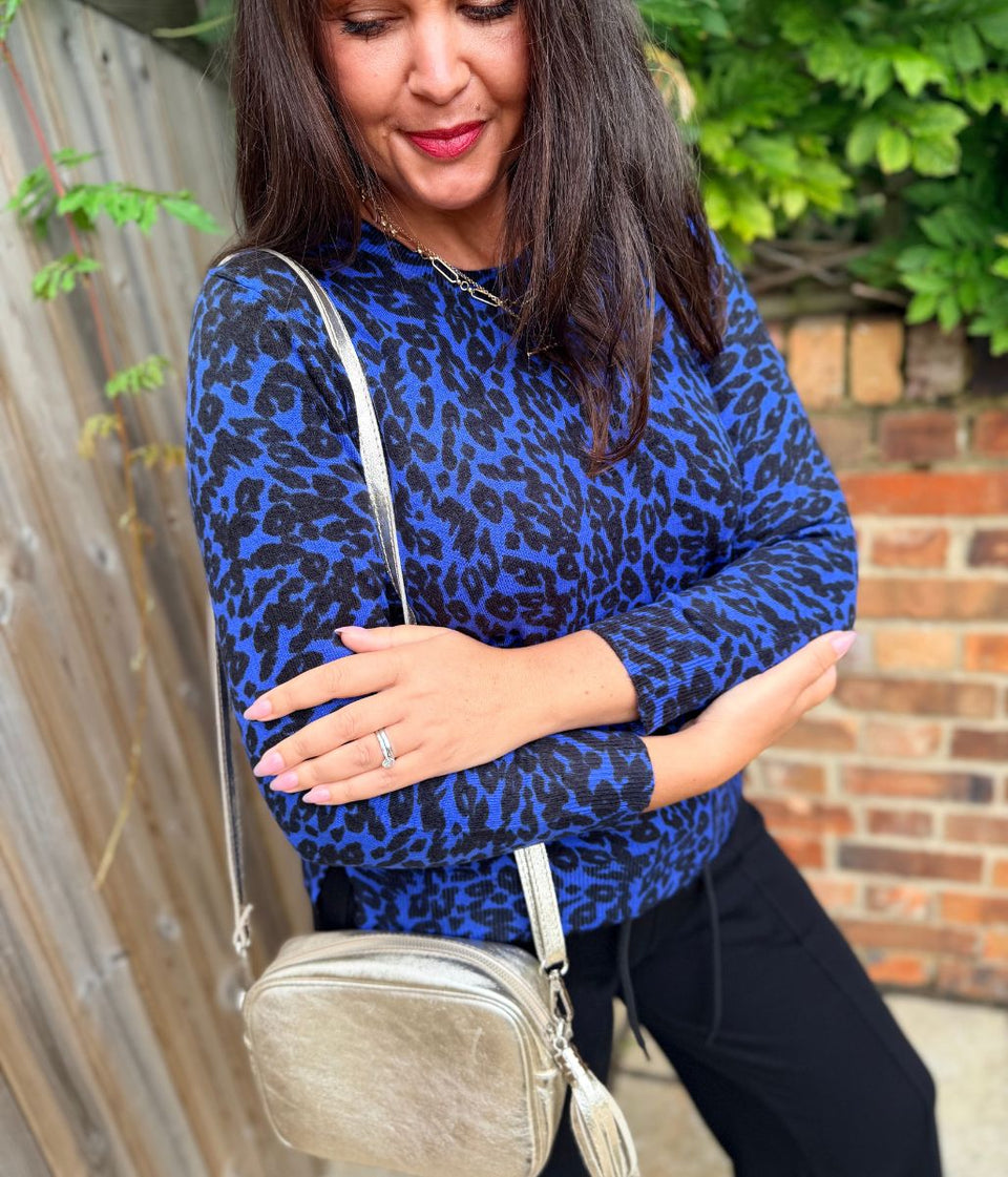 Blue Leopard Print Soft Knit Jumper