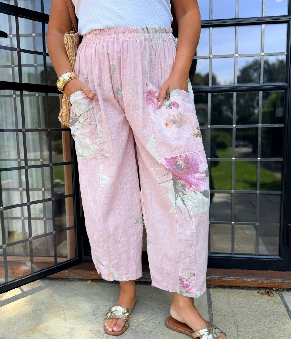 Blush Floral Cotton Barrel Leg Trousers