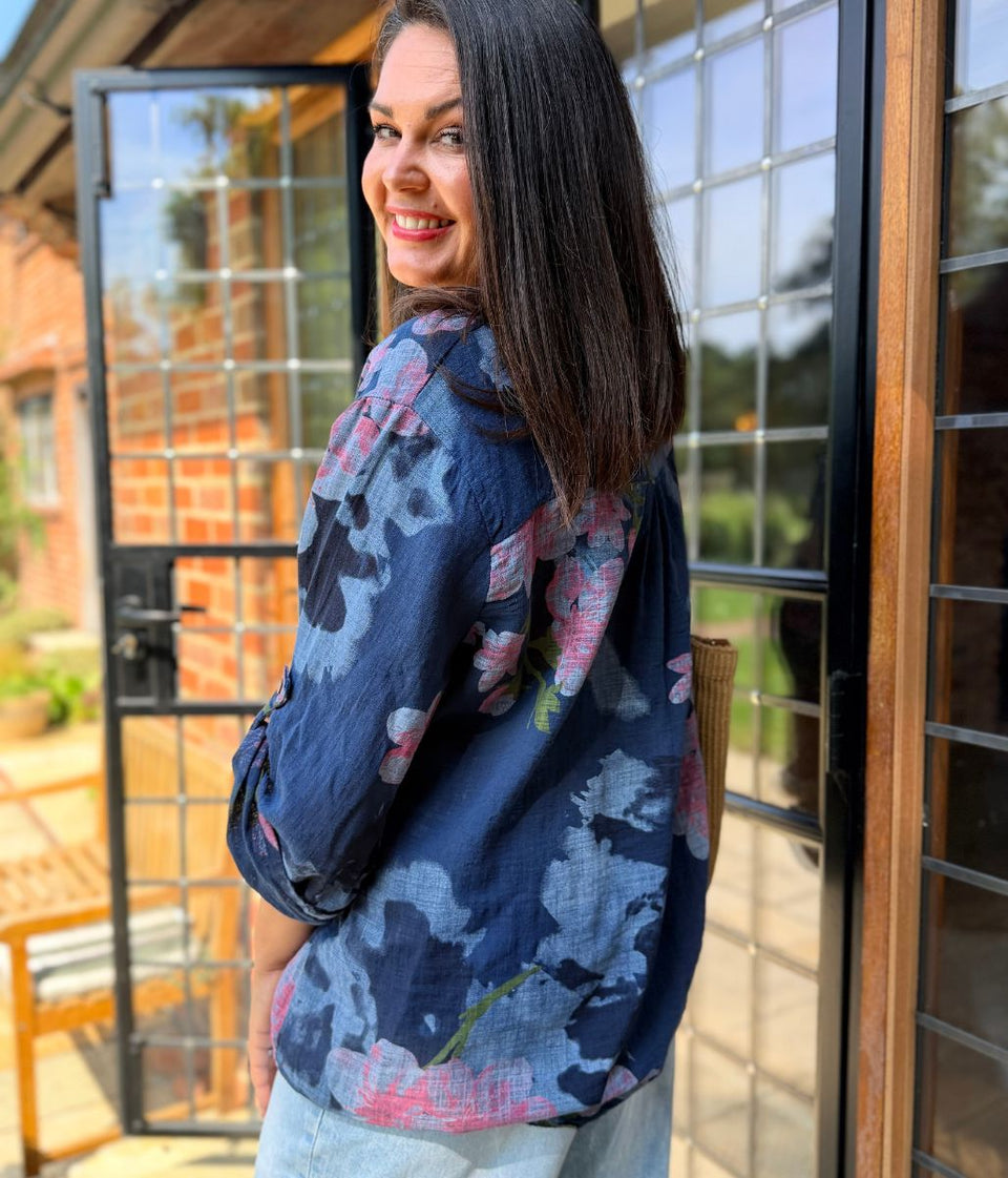 Navy Floral Sequin Pocket Roll Sleeve Top