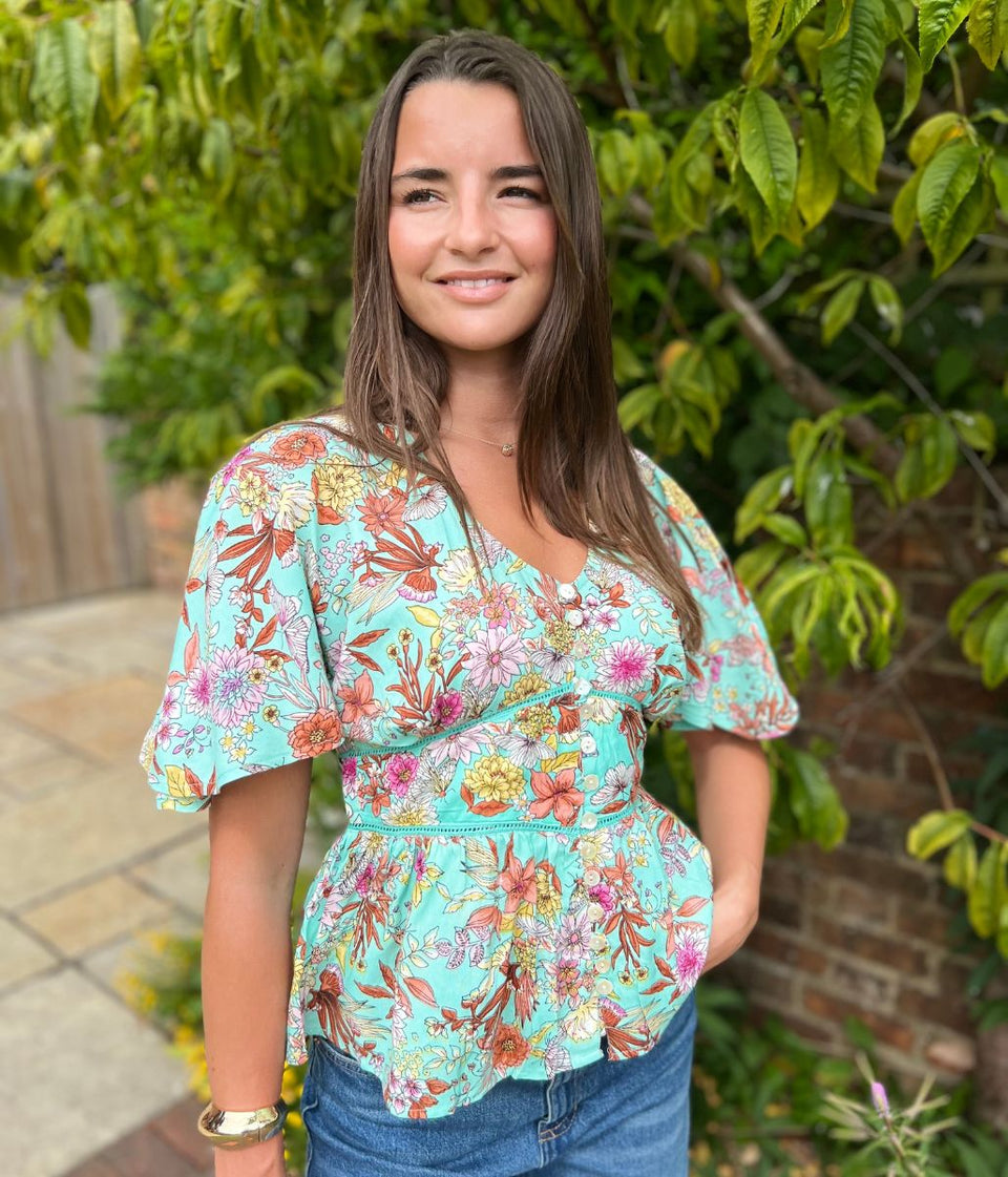 Aqua Ditsy Floral Blouse