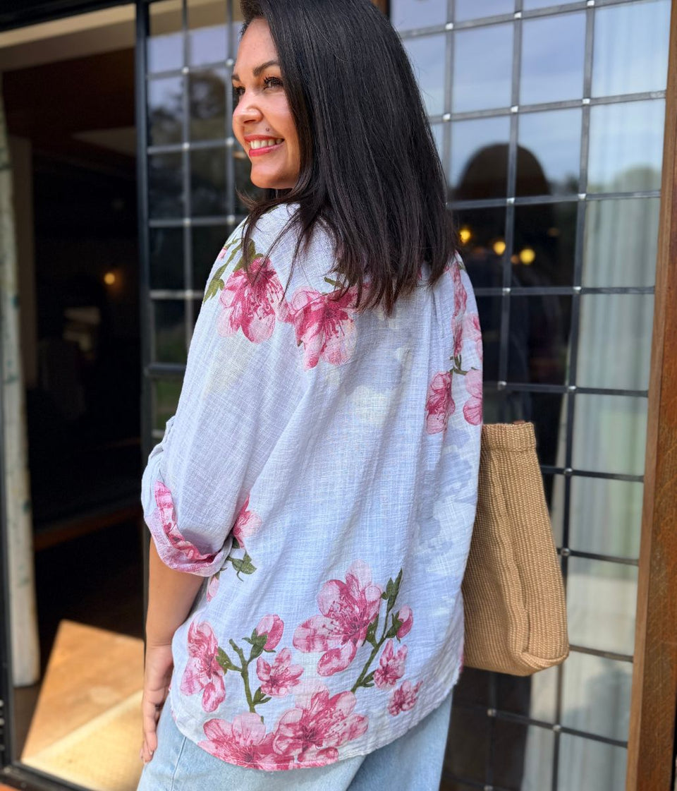 White Floral Sequin Pocket Roll Sleeve Top