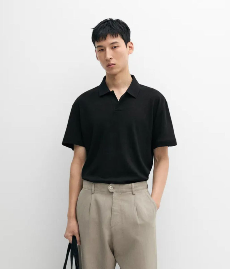 Mens Black Revere Collar Linen Blend Polo Top