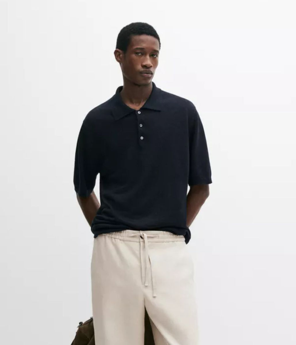 Mens Black Linen Blend Polo Top