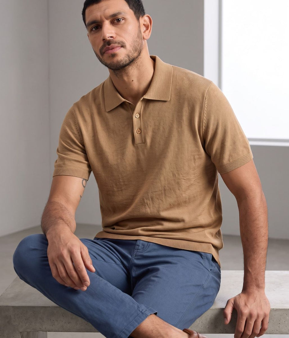 Mens Beige Linen Blend Polo Top