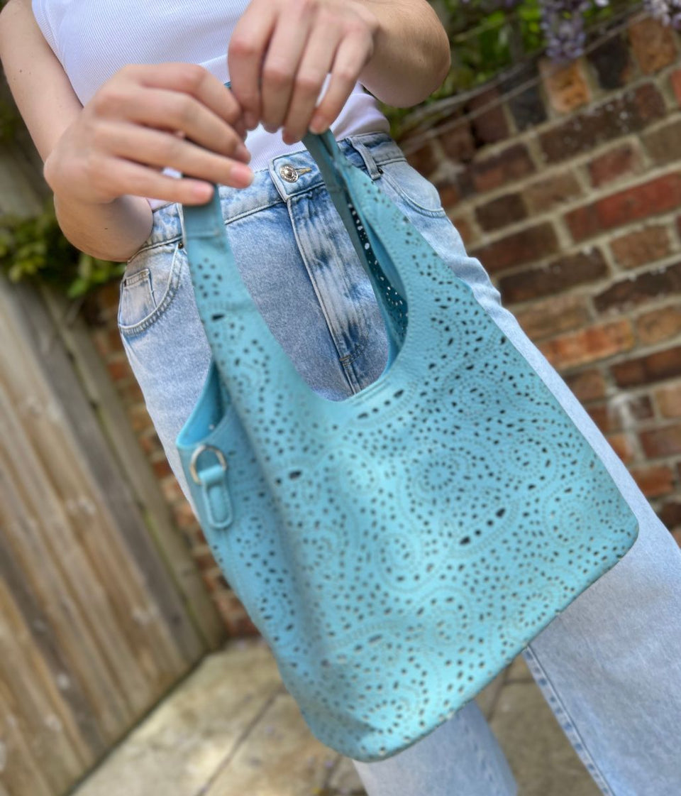 Blue Lace Pattern Tote Handbag