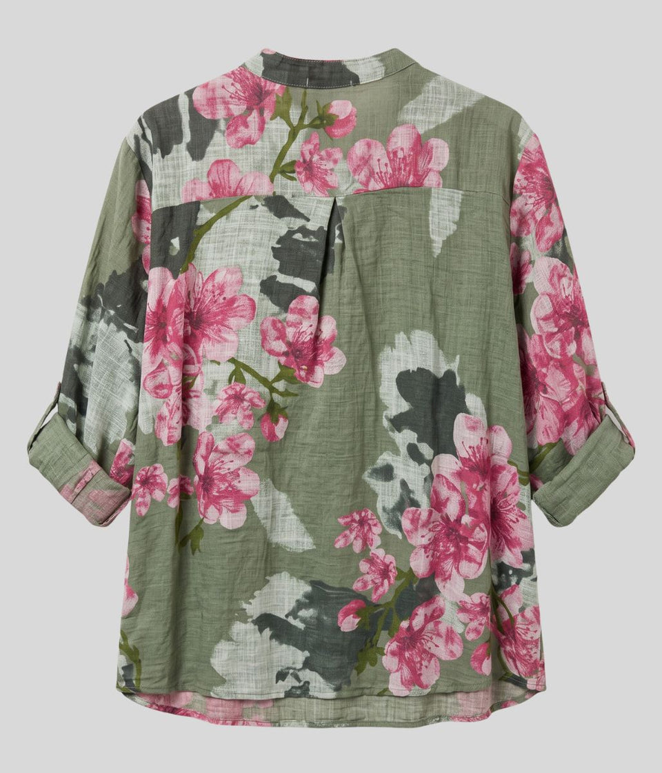 Khaki Floral Sequin Pocket Roll Sleeve Top