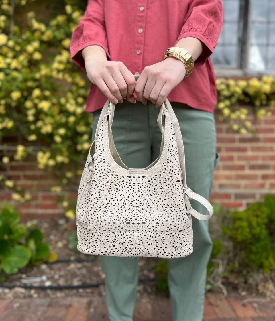 Beige Lace Pattern Tote Handbag