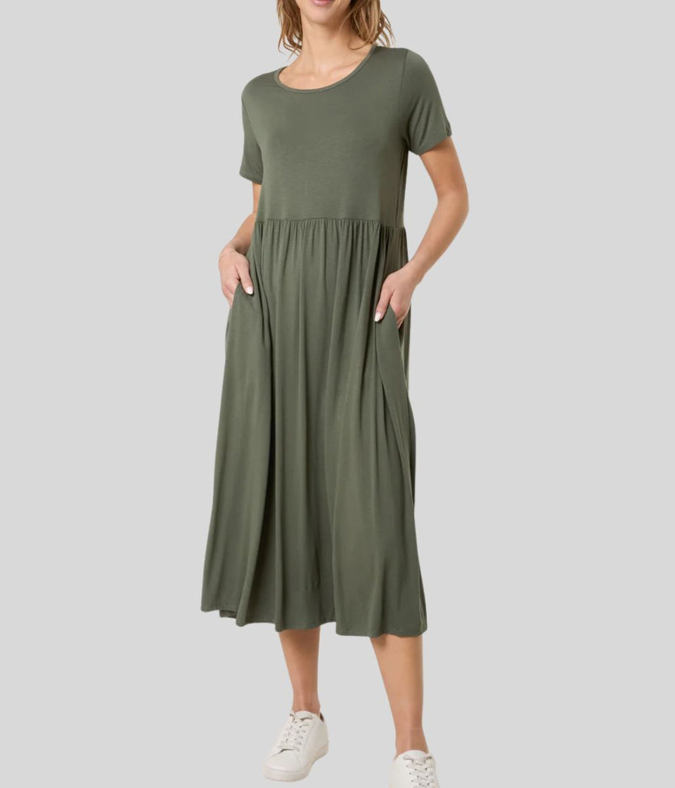 Khaki Stretch Tiered Midi Dress