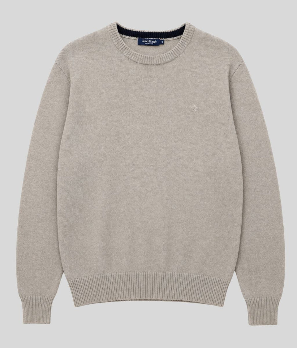 Mens Beige Wool Crew Neck Jumper