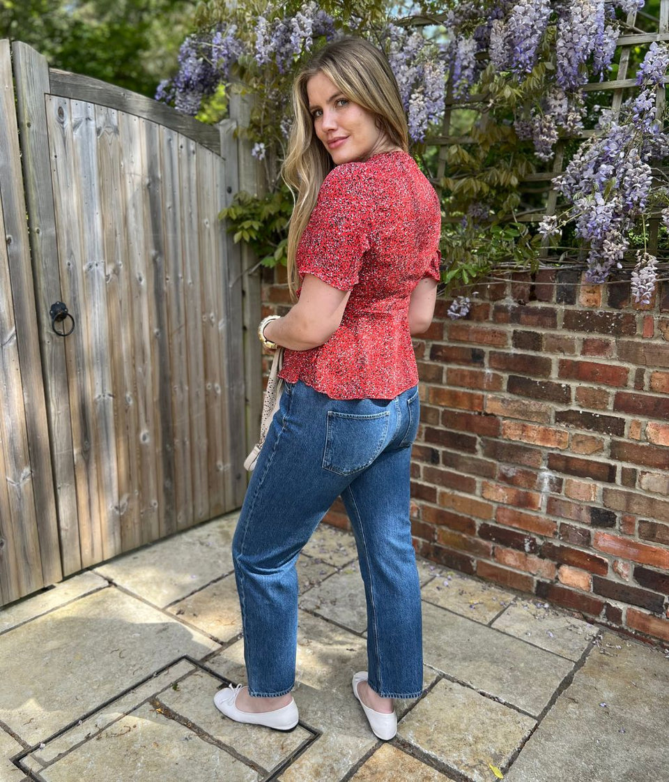 Red Ditsy Print Wrap Blouse