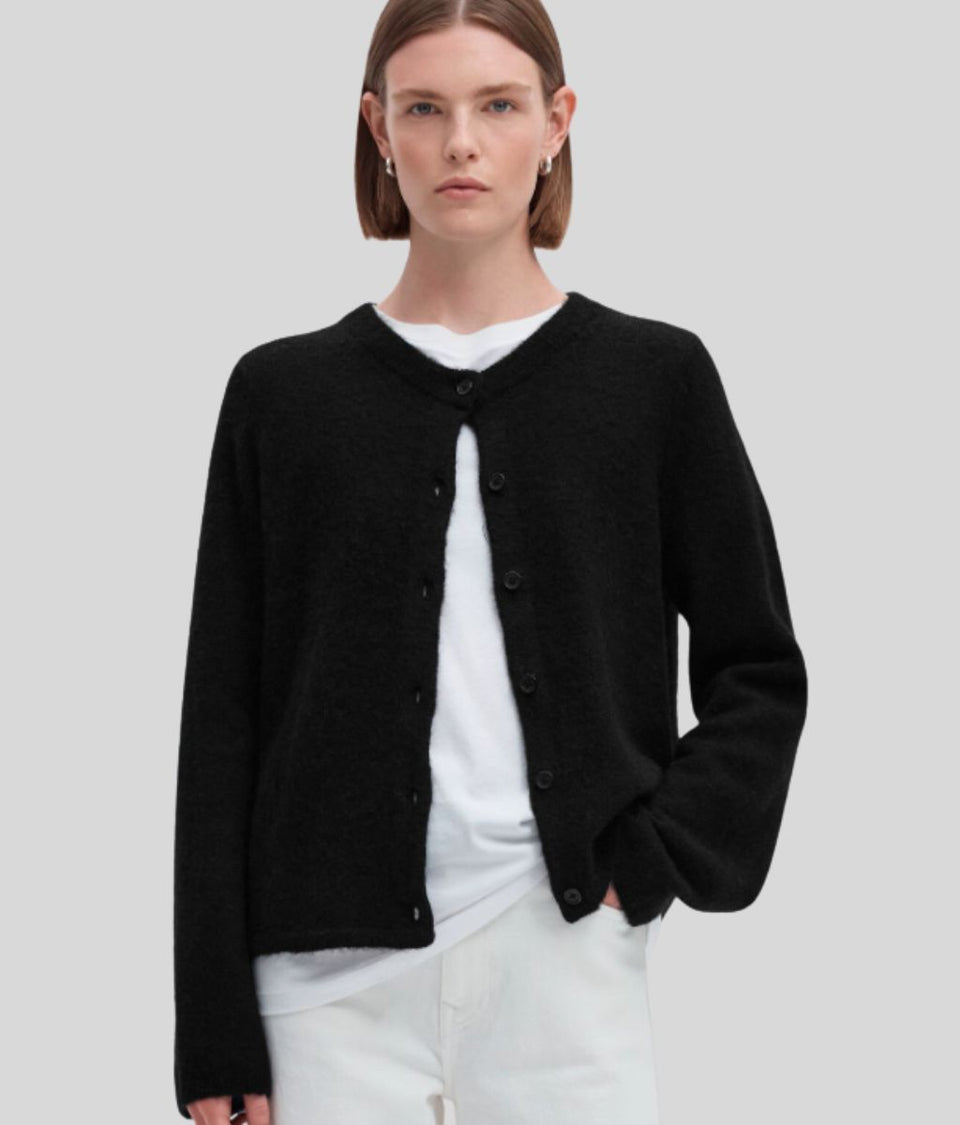 Black Designer Alpaca Wool Button Cardigan